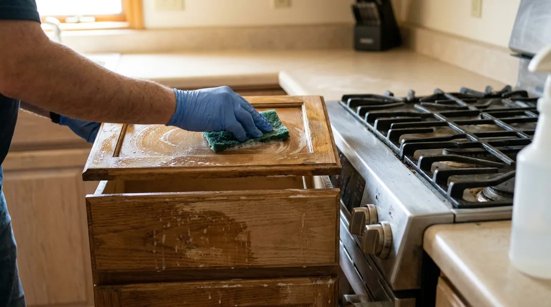 Cabinets near a cooktop carry a film of cooking oil that no primer will stick through — San Angelo, TX