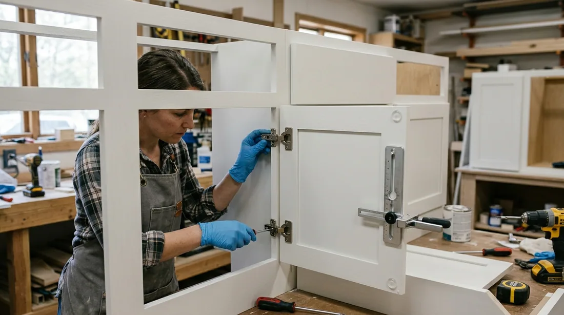 Doors go back on, hinges are adjusted so reveals line up, and new hardware is drilled from a jig — San Angelo, TX