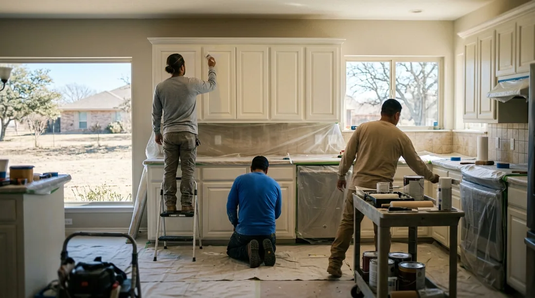 A small professional crew working on a cabinet painting job at a property, seen from behind and at — San Angelo, TX